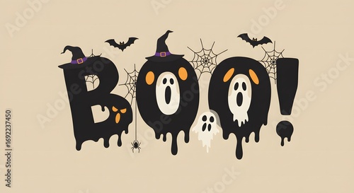 Spooky boo halloween lettering with ghosts witches hats and bats