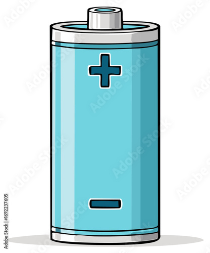 Single light blue cartoon battery with plus and minus signs, isolated on white - Power source for gadgets