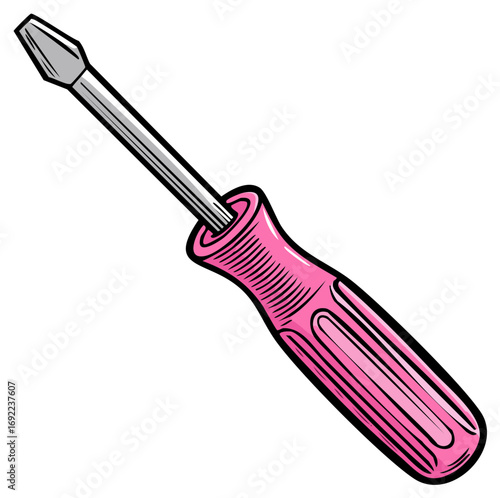 Flathead Screwdriver Illustration with Pink Handle, Hand Tool for Repair or Construction Work