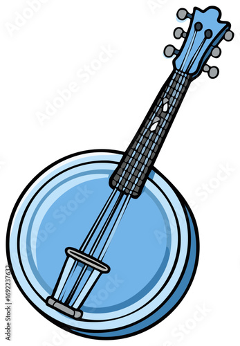 Cartoon blue banjo illustration with black outlines and tuning pegs for music projects
