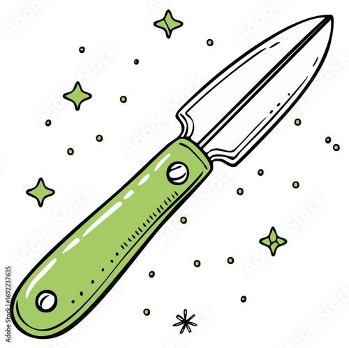 Simple Line Art Illustration of a Green Peeler with Sparkling Stars and Dots