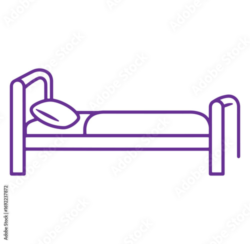 Simple purple line art illustration of a bed with pillow for sleeping and resting