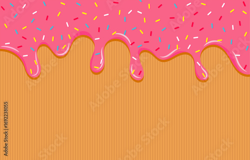 Dripping pink sweet donut glaze vector background, Colorful sprinkles banner background
