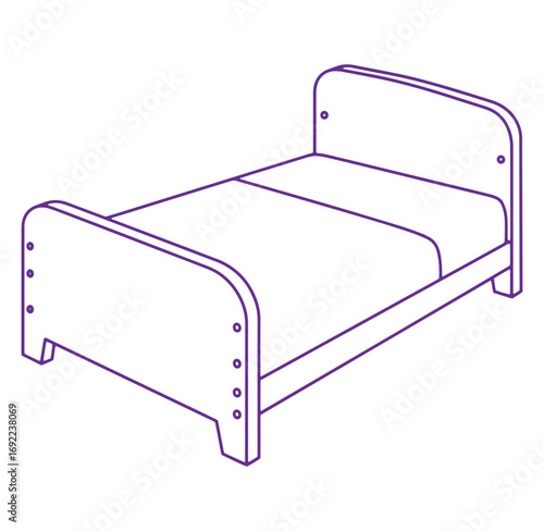 Simple vector illustration of a bed with white bedding in modern purple line art