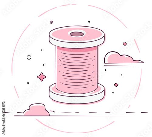 Cute cartoon illustration of a pink thread spool for sewing and crafts