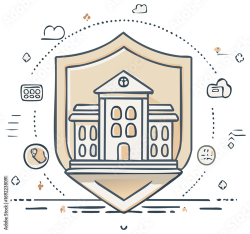 Hand-drawn illustration of institutional security with a school building inside a protective shield.