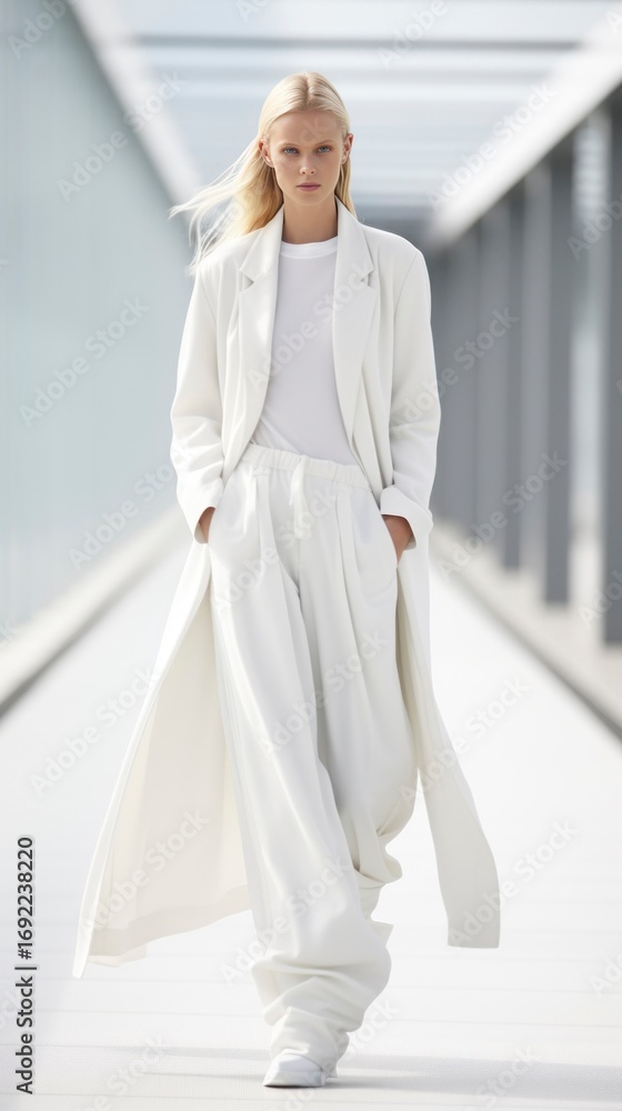 Fototapeta premium Swedish woman walking forward in a total-white ensemble on runway