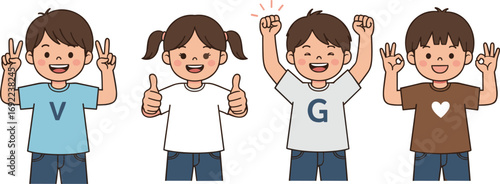 Joyful children showing hand signs, expressive kids making gestures in playful vector art celebrating fun, friendship, youthful energy