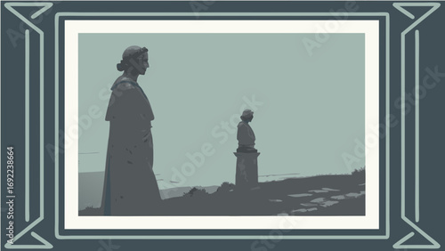 A framed image depicting two statues one full-length and one bust silhouetted against a muted background.