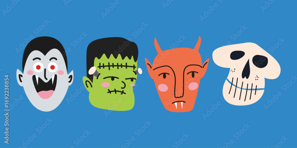 Fototapeta premium Halloween characters. Spooky cartoon monster heads. Vampire, zombie, evil, skeleton. Trick on treat creepy clipart in retro 90s doodle style
