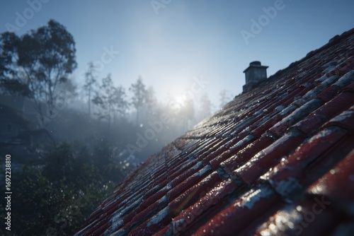 Hazy morning light on a weathered red tile roof with a misty forest.