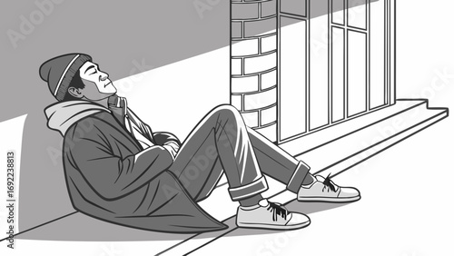 A person sitting alone grayscale illustration pensive pose urban setting monochrome artwork solitary figure thoughtful expression street scene casual clothing winter attire person sitti.