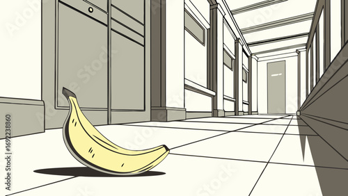 A single banana peel lying on the floor of a long corridor Minimalist illustration of a fruit on the ground in a hallway.