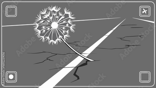 Abstract dandelion seed head growing through cracked asphalt road illustration.