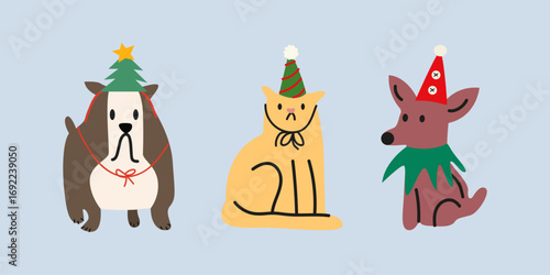 Christmas cartoon animals set in various poses and different breeds. Funny domestic cats and dogs wearing different Christmas outfits with happy charming playful expression