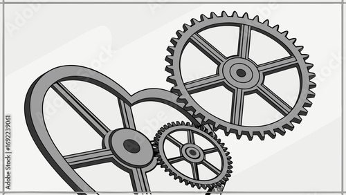 Abstract Gear Mechanism Design Interlocking Cogs Heart Shaped Gear Mechanical Engineering Illustration Industrial Design Grey Scale Technical Drawing Steampunk Style Vector Illustration.