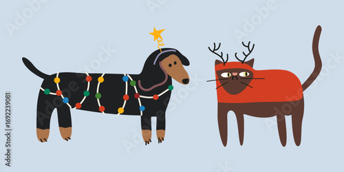 Christmas cartoon animals set in various poses and different breeds. Funny domestic cats and dogs wearing different Christmas outfits with happy charming playful expression