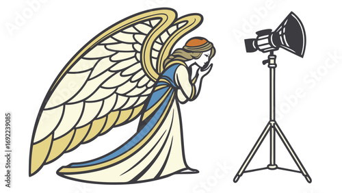 Angelic Figure in Studio Lighting Religious Art Illustration Graphic Design Heavenly Being Wings Photography Setup Spiritual Faith Belief Celestial Holy Divine Design Element Vector.