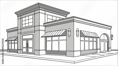 Architectural Drawing of a Commercial Building with Awnings.