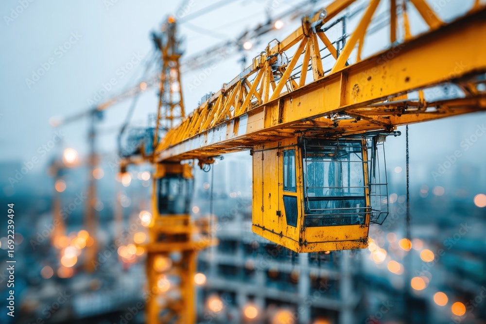 Fototapeta premium Close-up of a vibrant yellow tower crane operator's cabin at a bustling construction site with bokeh lights.