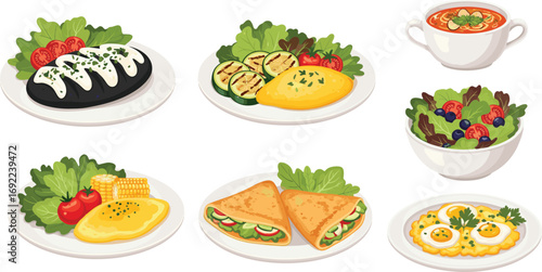 Set of healthy meal vector illustrations with omelet, salad, soup, wraps, eggs, grilled vegetables, perfect for food design.