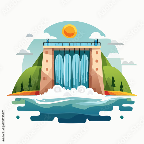 Cartoon Style Dam With Waterfall