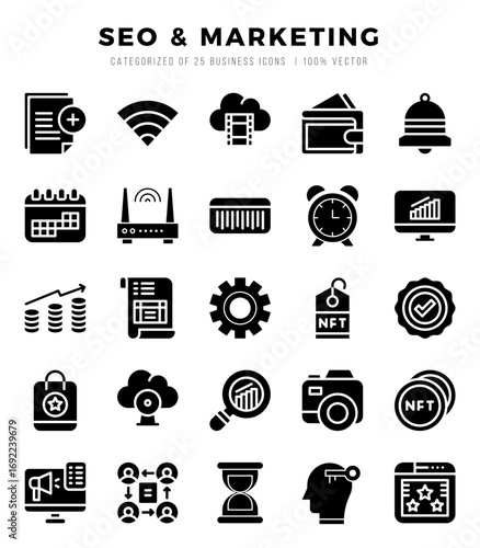 SEO & Marketing elements. Glyph web icon set. Simple vector illustration.