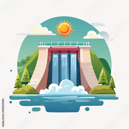 Colorful Flat Illustration Of Hydroelectric Dam