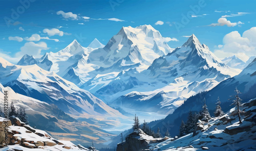 very beautiful scenery vector painting theme of mountains full of snow