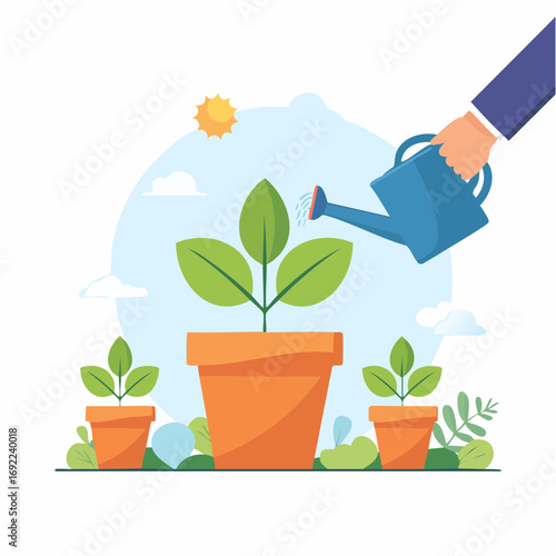 Hand Watering Small Plants in Terracotta Pots