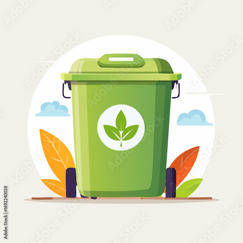 Green Recycling Bin With Leaf Symbol
