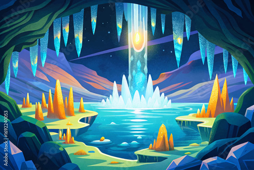 Underground river cave with stalactites and glowing crystals, breathtaking hidden wonder