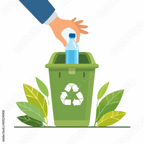 Hand Disposing Plastic Water Bottle In Green Recycling Bin