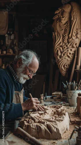 Wallpaper Mural Artisan's Touch: An artisan is meticulously carving a wooden sculpture in a rustic workshop, their dedication and craftsmanship evident in every stroke. Torontodigital.ca