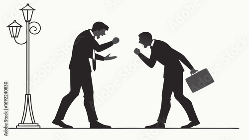 Businessmen arguing conflict disagreement dispute shouting match urban setting silhouette illustration professional conflict corporate conflict business dispute angry men tense situati.