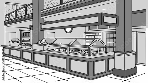 Cafe interior design food service counter restaurant blueprint grayscale illustration commercial kitchen sketch self-service buffet food display case food court plan eatery design snack.