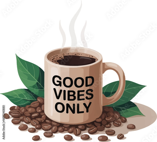 Coffee cup with good vibes only text isolated on transparent background
