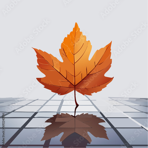 Single Orange Autumn Leaf On Gray Tiles