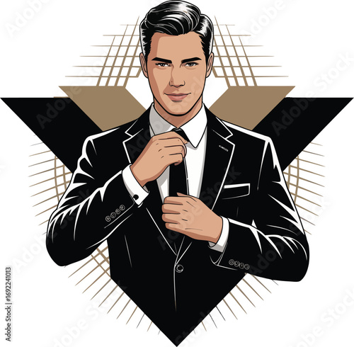 Man in suit adjusting tie isolated on transparent background