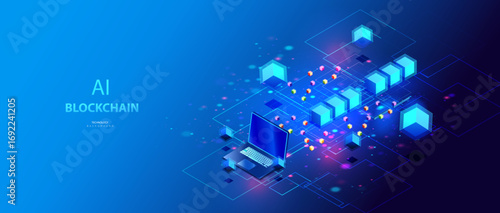 Blockchain A.I. isometric banner with laptop. Bricks connected design. Cubes block database. Big data ai chain technology background. Data science and business working.