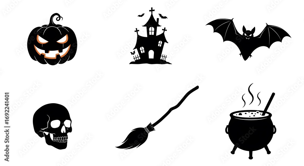 Obraz premium Collection of spooky halloween icons including pumpkin bat castle skull broom and cauldron