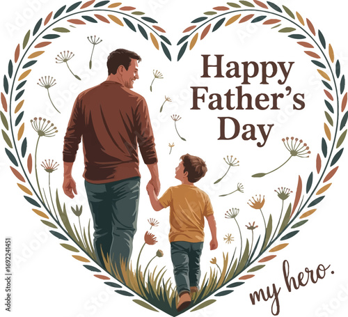 Father and son holding hands heart wreath isolated on transparent background