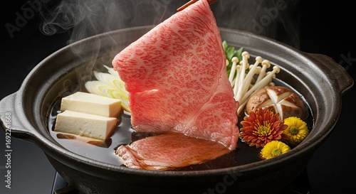 Beef slice held above hot pot filled with broth tofu mushrooms scallions chrysanthemums Steam rises