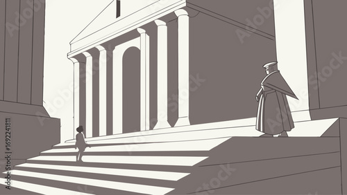 Classical Architecture Illustration Figures on Steps Grayscale Drawing Historical Design Ancient Building Columns Staircase Monochrome Art Symbolic Image Conceptual Art.