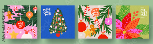 Merry Christmas and Happy New Year greeting card Set. Modern beautiful Xmas design with typography, Christmas tree, fir branches, balls and toys, snowflake pattern. Art banner, poster, cover templates