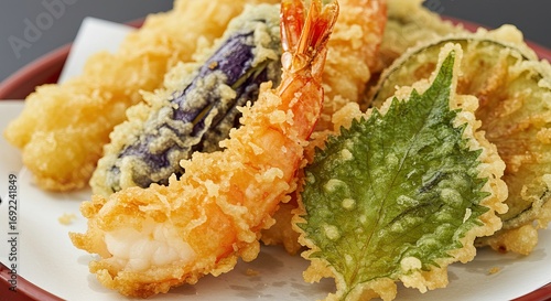 Closeup shows tempura shrimp eggplant leaf and vegetable mix in a light batter arranged on white paper inside a redrimmed plate
