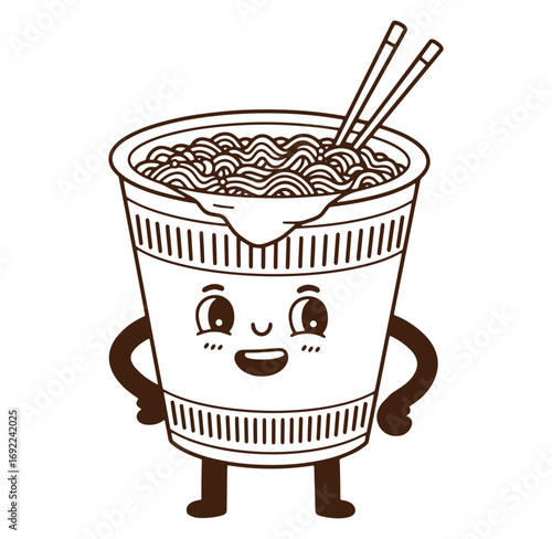 Cartoon instant noodles cup with face smiling and holding chopsticks ready to eat