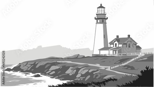 Coastal Lighthouse and Keepers House Monochromatic Illustration.