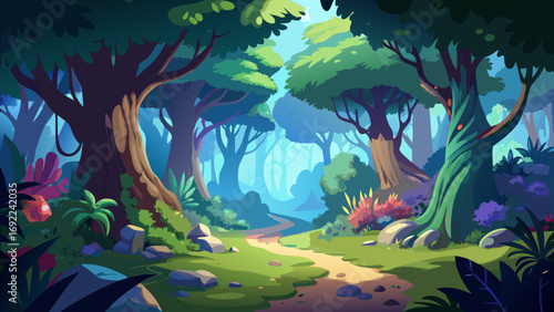 Vector art of cartoon forest landscape with a path through the trees in the daytime
