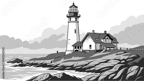 Coastal Lighthouse and Keepers House Monochrome Illustration Nautical Scene Ocean View.